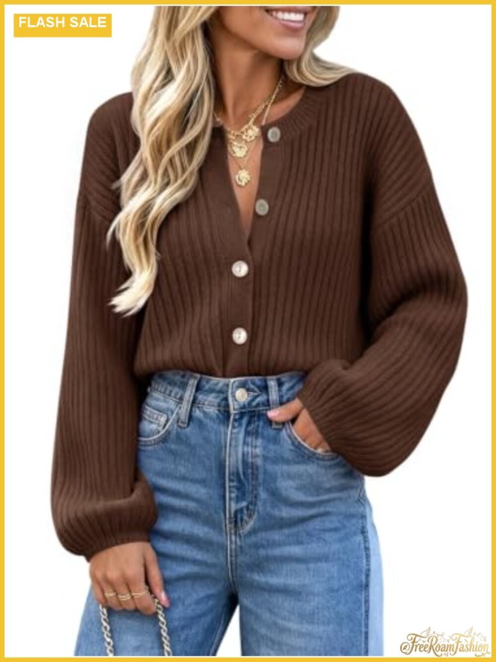 Button Down Cardigan Lantern Sleeve Chunky Ribbed Knit Sweater Casual Fall